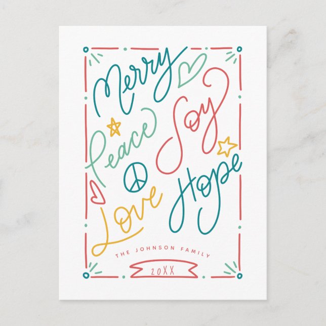 Merry Peace Joy Love Hope Handdrawn Bright Holiday Postcard (Front)