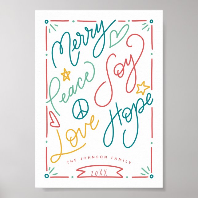 Merry Peace Joy Love Hope Handdrawn Bright Holiday Poster (Front)