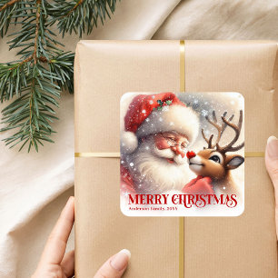 Merry Personalized Santa and Rudolph Christmas Square Sticker
