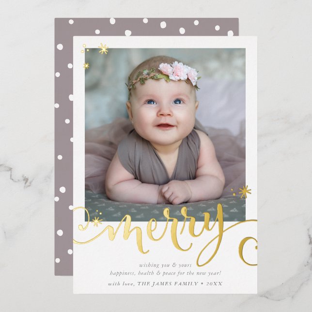 MERRY PHOTO CHRISTMAS fun calligraphy snap Foil Holiday Card (Front/Back)