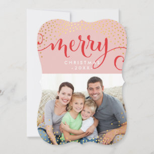 MERRY PHOTO HOLIDAY stylish gold confetti pink Card