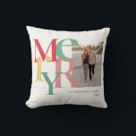 Merry Photo Simple Red Green Yellow Cushion<br><div class="desc">These 16" x 16" Christmas holiday ornaments feature a placeholder for your favourite photo,  name and year. The letters in the word,  Merry are large and in different colours of red,  green and yellow on an ivory background.</div>