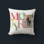 Merry Photo Simple Red Green Yellow Cushion<br><div class="desc">These 16" x 16" Christmas holiday ornaments feature a placeholder for your favourite photo,  name and year. The letters in the word,  Merry are large and in different colours of red,  green and yellow on an ivory background.</div>