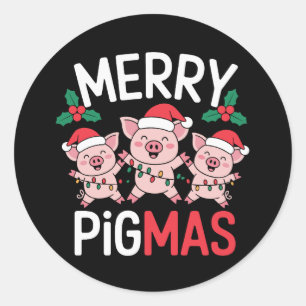 Merry Pigmas Christmas Pig Santa Hat Holly Lights Classic Round Sticker