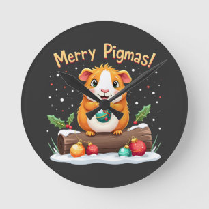 Merry Pigmas Guinea Pig Christmas Santa Round Clock