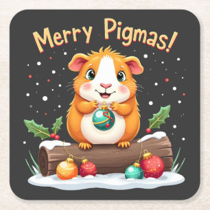 Merry Pigmas Guinea Pig Christmas Santa  Square Paper Coaster