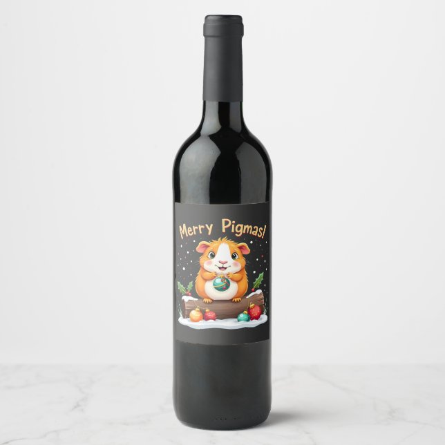 Merry Pigmas Guinea Pig Christmas Santa  Wine Label (Front)