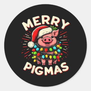 Merry Pigmas Pig Christmas Santa Pig Xmas Lights F Classic Round Sticker