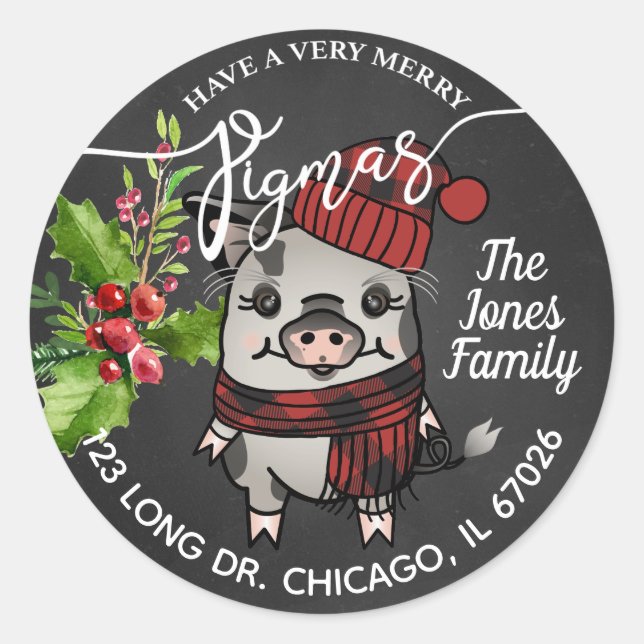 Merry Pigmas Red Buffalo Plaid Address Classic Round Sticker (Front)