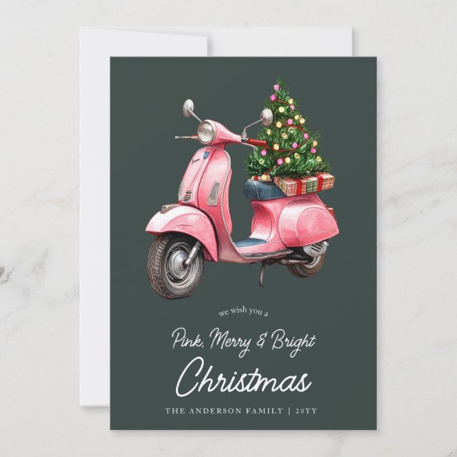 Merry Pink Christmas italian vespa vintage Holiday Card (Front)
