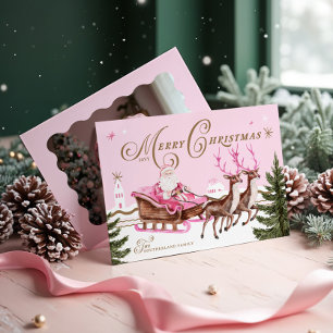 Merry Pink Christmas Santa Seligh Reindeer Photo Holiday Card