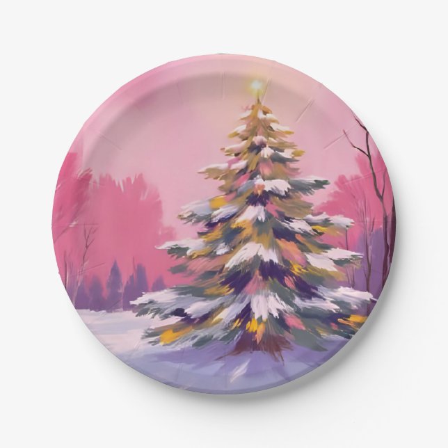 Merry Pink Christmas | Watercolor Holiday Paper Plate (Front)