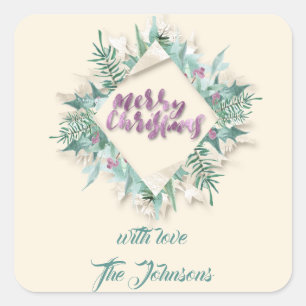 Merry Pink Name Mint Ivory Wreath Holidays Purple Square Sticker