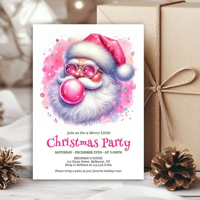 Merry pink santa chewing gum watercolor Christmas Invitation (Merry pink santa chewing gum watercolor Xmas invite)