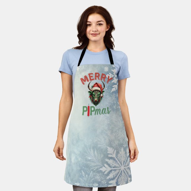 Merry PIPmas Trading Bull Christmas Design – Funny Apron (Worn)