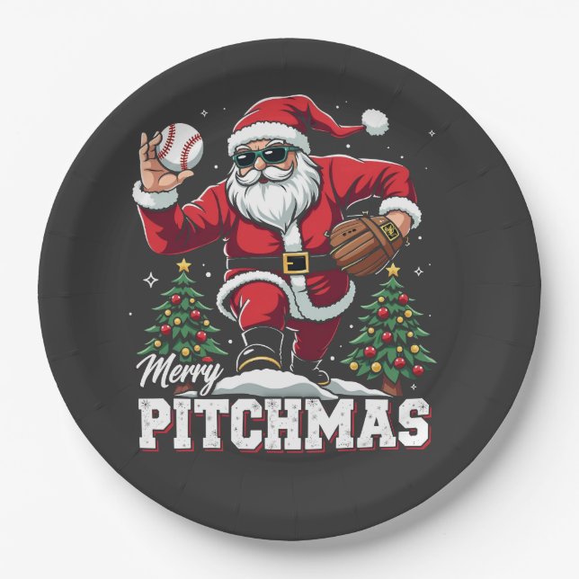 Merry Pitchmas Christmas Santa Baseball Lover  Paper Plate (Front)