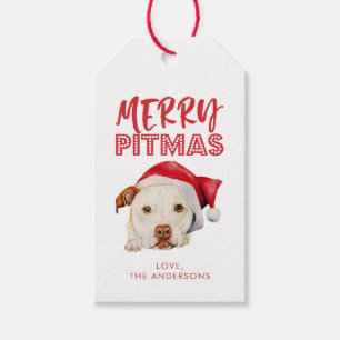 Merry Pitmas, Cute Santa Pit Bull Dog Personalised Gift Tags