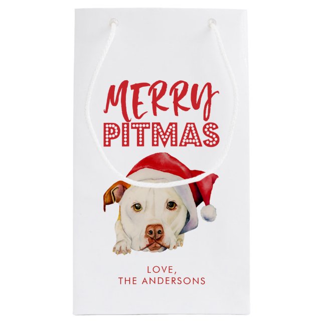 Merry Pitmas, Cute Santa Pit Bull Dog Personalised Small Gift Bag (Back)