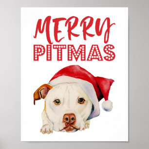 Merry Pitmas   Cute Santa Pitbull Dog Christmas Poster