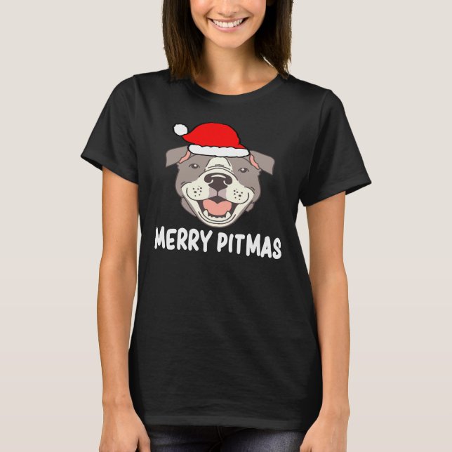 Merry Pitmas Pit Bull Santa Hats Christmas Dog Lov T-Shirt (Front)