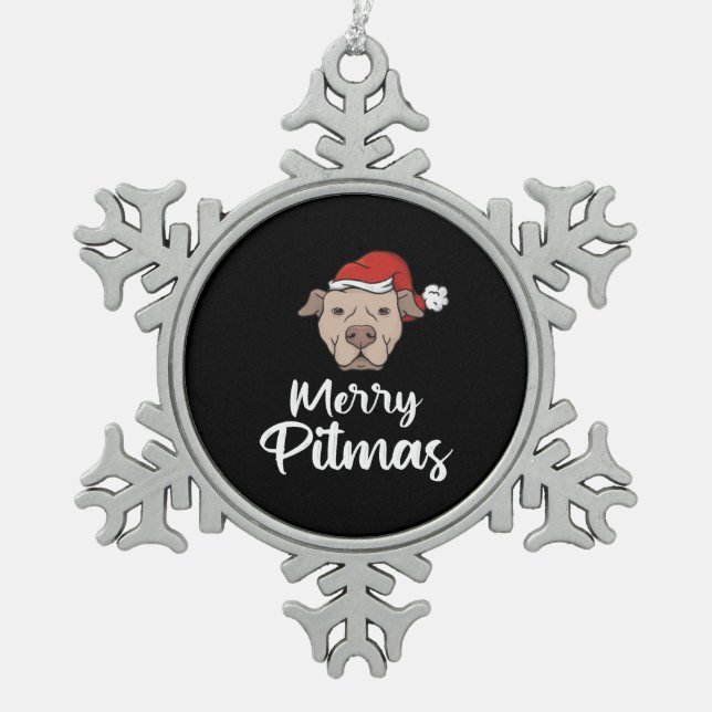 Merry Pitmas Pitbull Christmas Snowflake Pewter Christmas Ornament (Front)