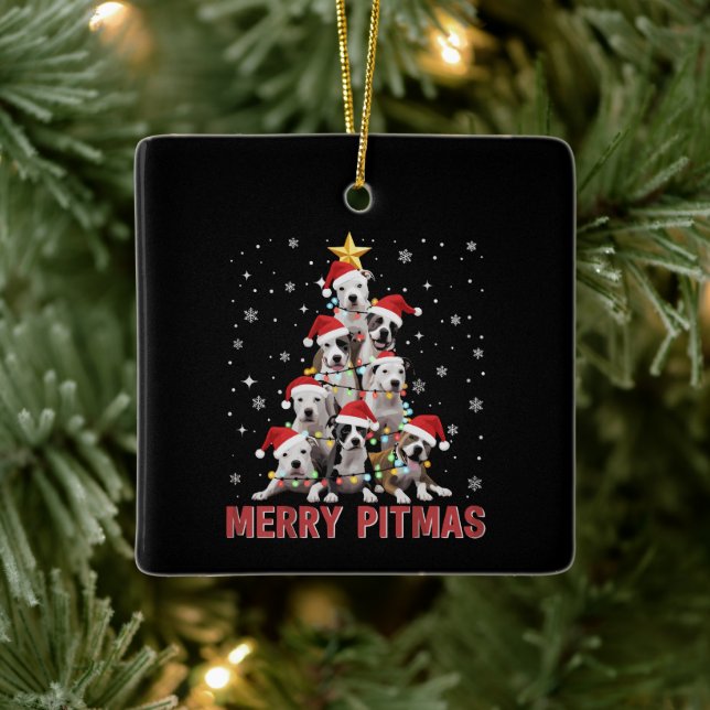 Merry Pitmas Pitbull Dog Tree Ugly Christmas Ceramic Ornament (Tree)