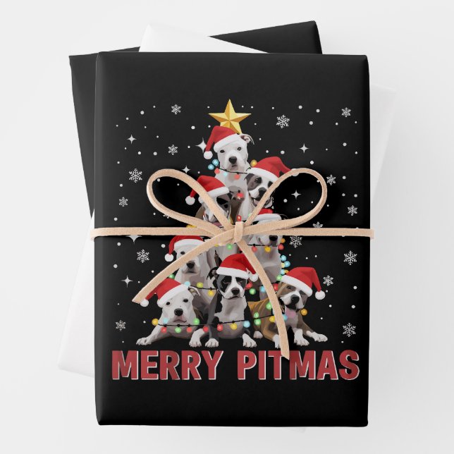 Merry Pitmas Pitbull Dog Tree Ugly Christmas Wrapping Paper Sheet (In situ)