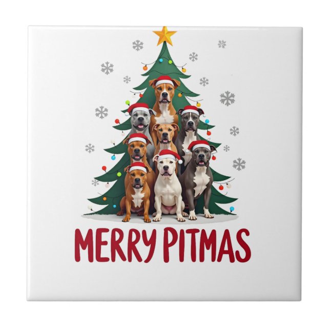 Merry Pitmas Pitbull Dog Ugly Christmas Sweater Tr Ceramic Tile (Front)