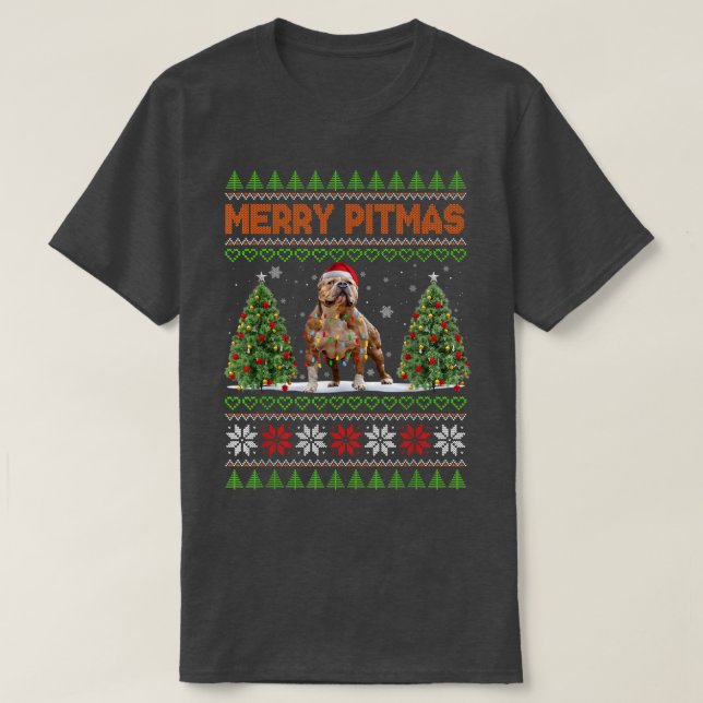 Merry Pitmas Pitbull Santa Claus Dog Ugly Christma T-Shirt (Design Front)