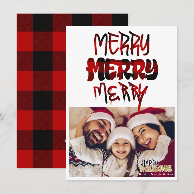 MERRY Plaid Grunge Typography Holiday Photo Card (Front/Back)