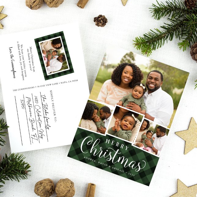 Merry Plaid Holiday Photo Collage Postcard (Creator Uploaded)