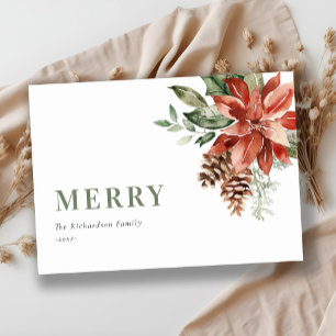 Merry Poinsettia Bunch Watercolor Pine Christmas Holiday Card