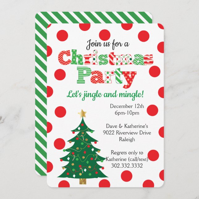 Merry Polka Dot Christmas Tree Party Invitation (Front/Back)