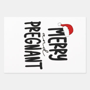 Merry & Pregnant Pregnancy Announcement Santa Hat Wrapping Paper Sheet