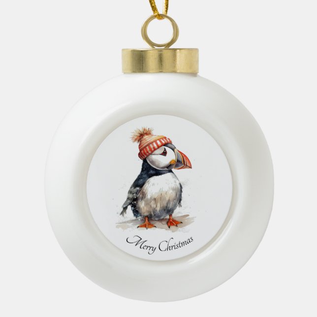 Merry Puffin Ceramic Ball Christmas Ornament (Front)
