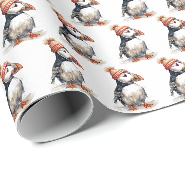 Merry Puffin Christmas Pattern Wrapping Paper (Roll Corner)