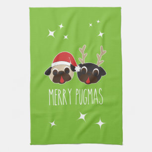 Merry Pug Santa and Reindeer Pugs Dish Towel