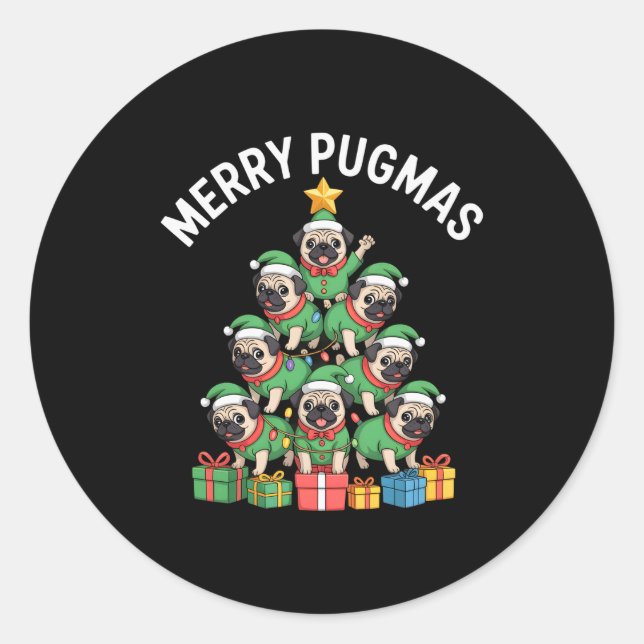 Merry Pugmas Funny Pug Christmas Tree Holiday Long Classic Round Sticker (Front)