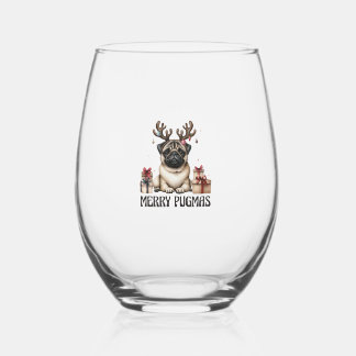 Merry Pugmas Merry Christmas Funny Pug Dog  Stemless Wine Glass