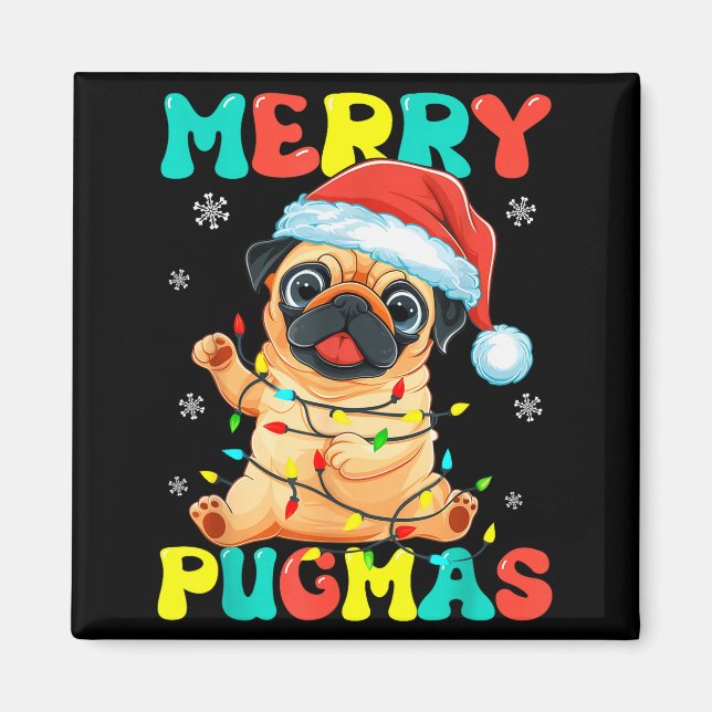 Merry Pugmas Pug Christmas Santa Pug Xmas Lights D Magnet (Front)