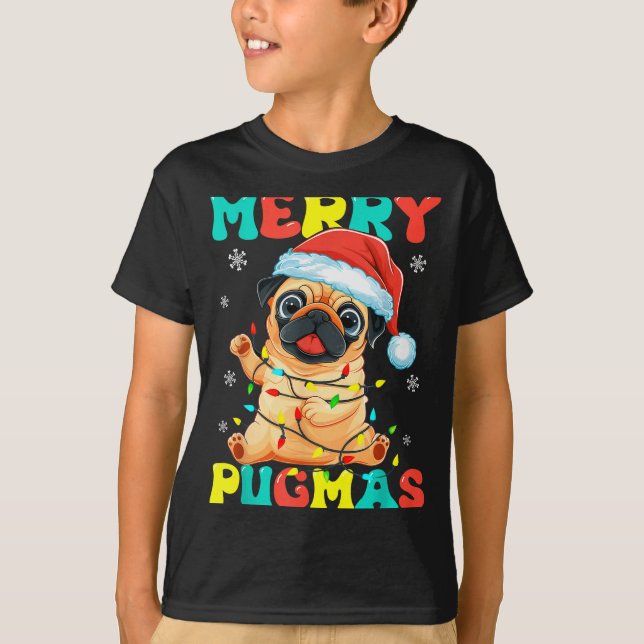 Merry Pugmas Pug Christmas Santa Pug Xmas Lights D T-Shirt (Front)