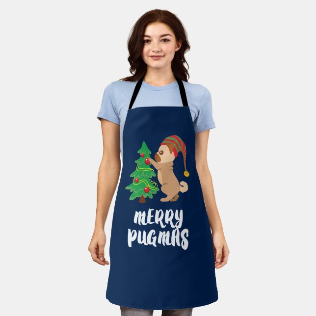 Merry Pugmas Pug Pet Dog Funny Christmas Apron (Worn)
