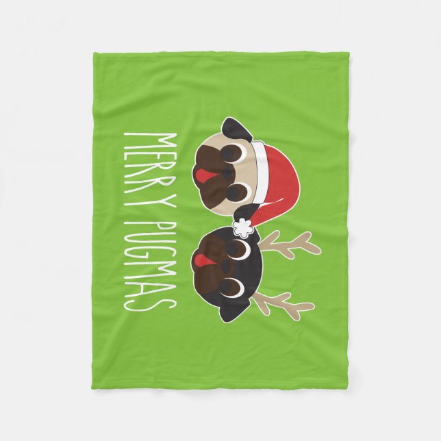 Merry Pugmas Pug Santa Pug Reindeer Fleece Blanket (Front)