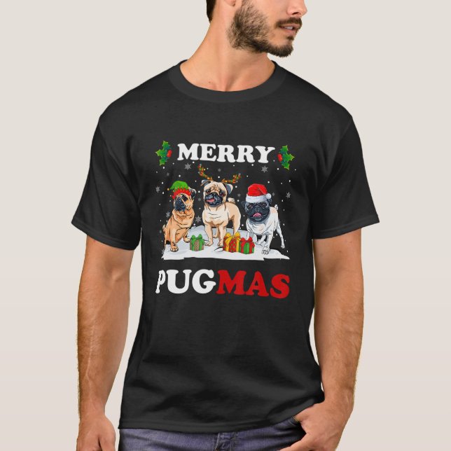 Merry Pugmas Santa Elf Reindeer Pug Dogs Xmas Tree T-Shirt (Front)