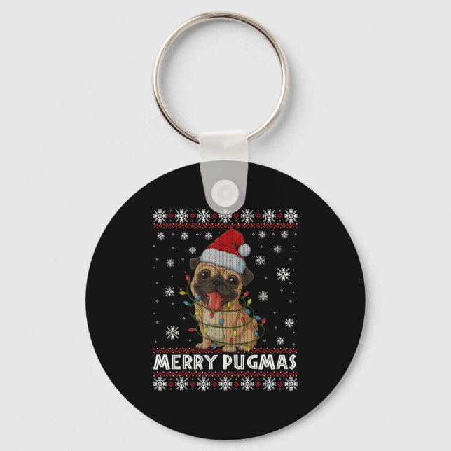 Merry Pugmas Ugly Christmas Sweater Cute Pug Dog  Key Ring (Front)