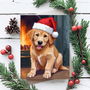 Merry Puppy   Dog Santa Hat Christmas Watercolor Holiday Postcard