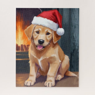 Merry Puppy Dog Santa Hat Christmas Watercolor Jigsaw Puzzle