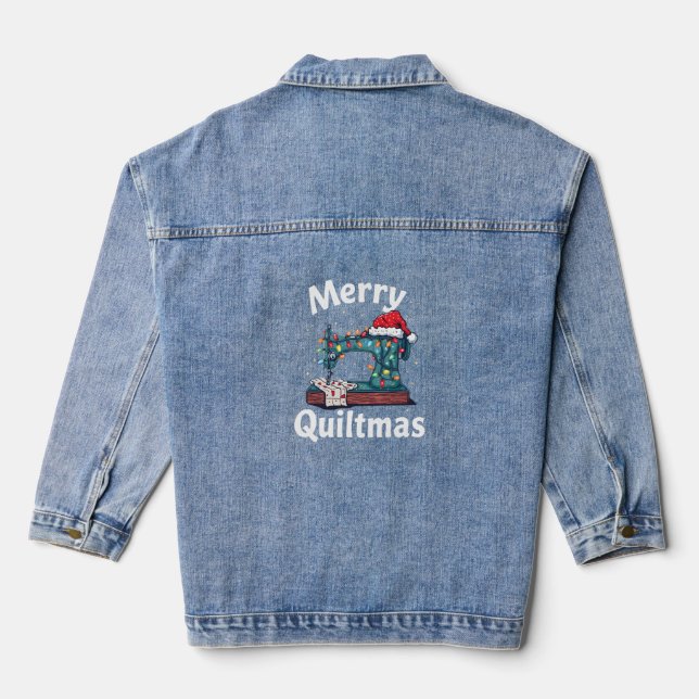 Merry Quiltmas Sewing Machine with Christmas Light Denim Jacket (Back)