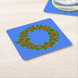 Merry Red Berry & Holly Wreath for Christmas Square Paper Coaster