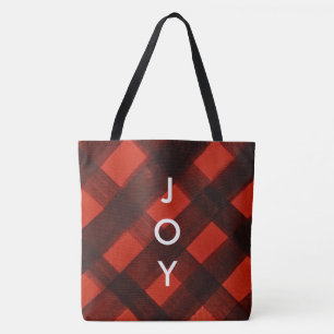 MERRY Red Black Plaid Tartan Christmas Holiday Tote Bag